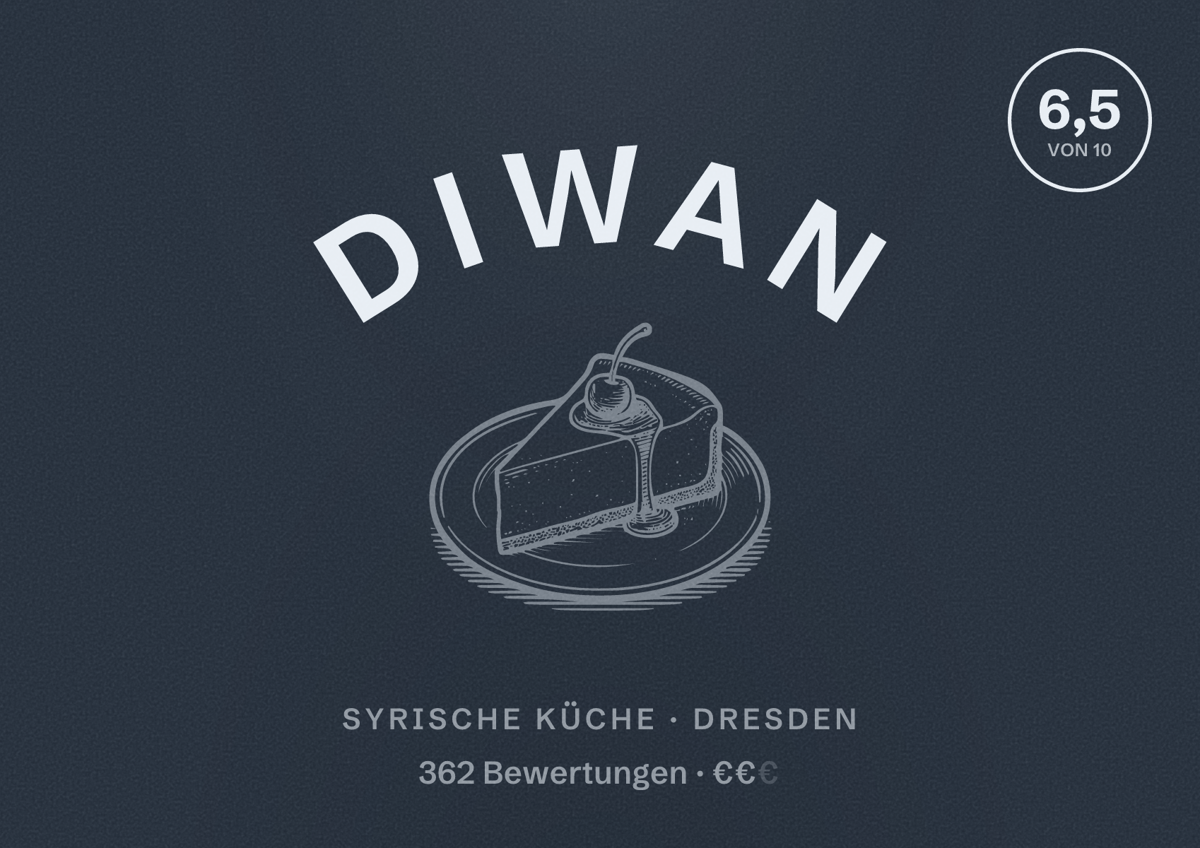 Illustriertes Poster von DIWAN, Syrische Küche in Dresden: Bewertung 6,5 von 10 aus 362 Bewertungen, Preisniveau €€