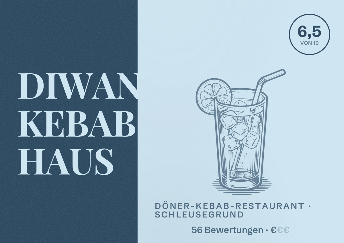 Illustriertes Poster von DIWAN KEBAB HAUS, Döner-Kebab-Restaurant in Schleusegrund: Bewertung 6,5 von 10 aus 56 Bewertungen, Preisniveau €