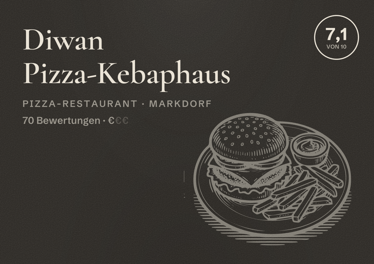 Illustriertes Poster von Diwan Pizza-Kebaphaus, Pizza-Restaurant in Markdorf: Bewertung 7,1 von 10 aus 70 Bewertungen, Preisniveau €