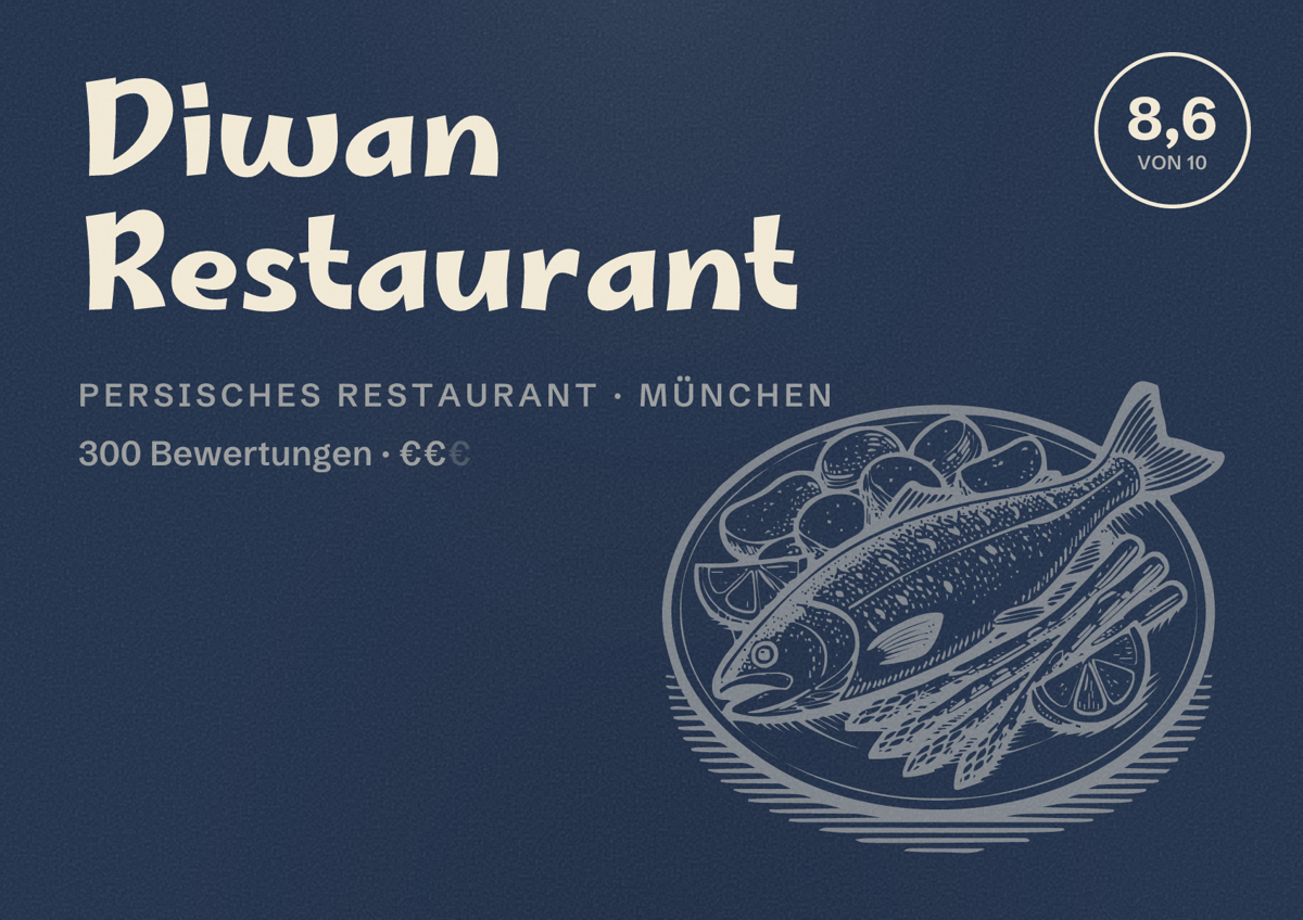 Illustriertes Poster von Diwan Restaurant, Persisches Restaurant in München: Bewertung 8,6 von 10 aus 300 Bewertungen, Preisniveau €€