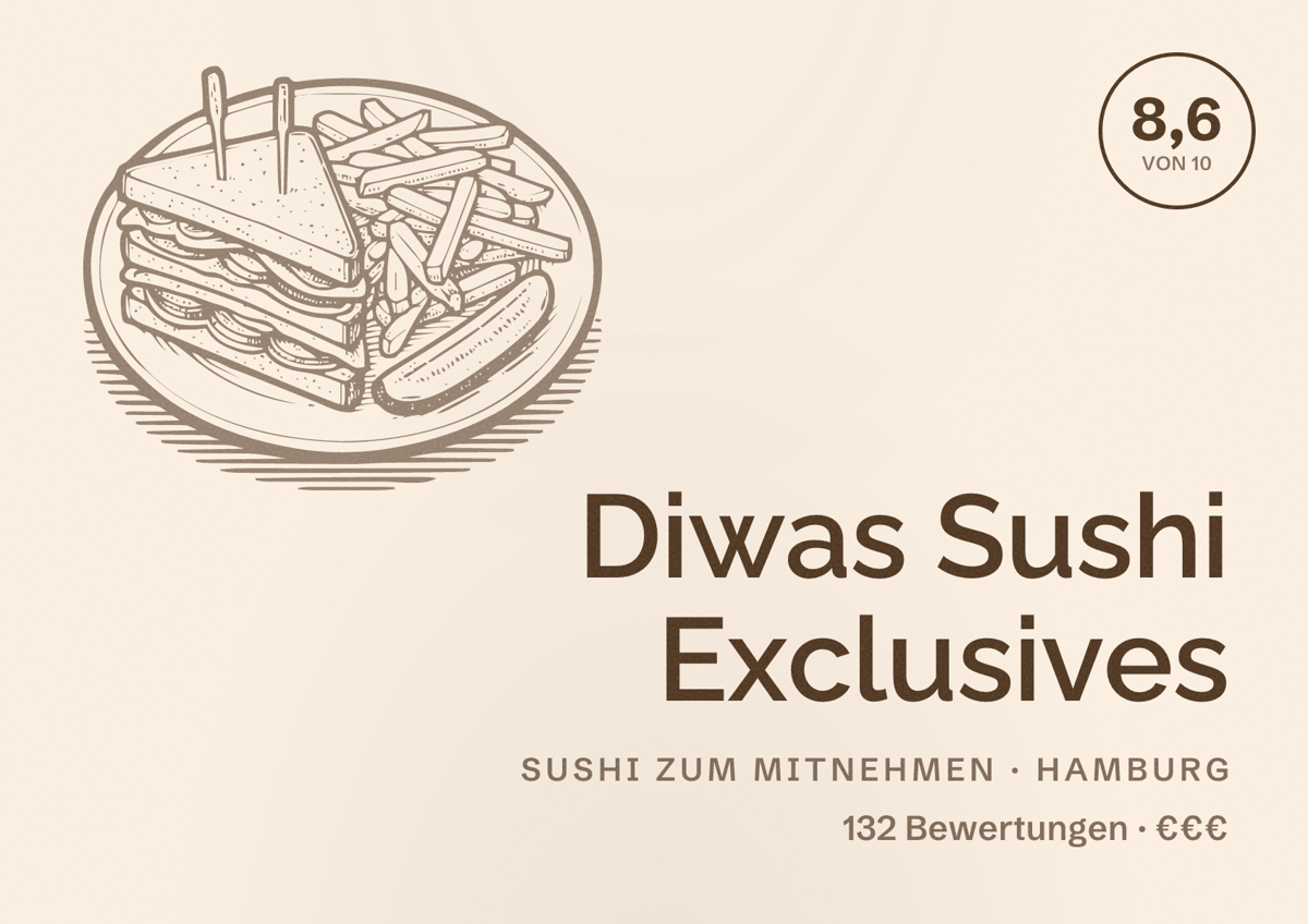 Illustriertes Poster von Diwas Sushi Exclusives, Sushi zum Mitnehmen in Hamburg: Bewertung 8,6 von 10 aus 132 Bewertungen, Preisniveau €€€