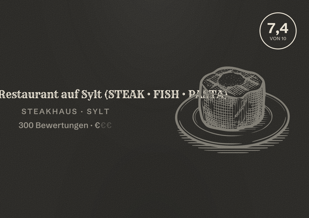 Illustriertes Poster von Dixi's Restaurant auf Sylt (STEAK • FISH • PASTA), Steakhaus in Sylt: Bewertung 7,4 von 10 aus 300 Bewertungen, Preisniveau €