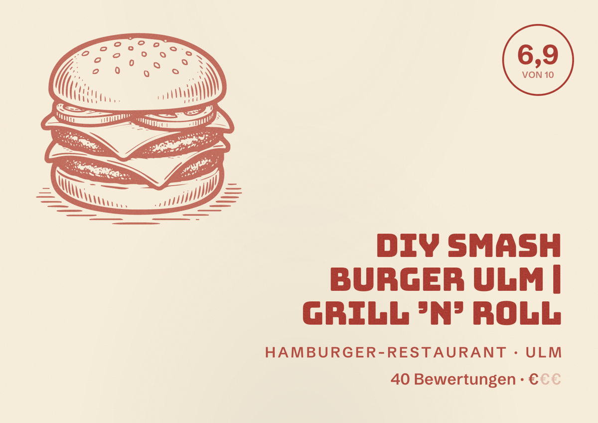 Illustriertes Poster von DIY Smash Burger Ulm | Grill ’N’ Roll, Hamburger-Restaurant in Ulm: Bewertung 6,9 von 10 aus 40 Bewertungen, Preisniveau €