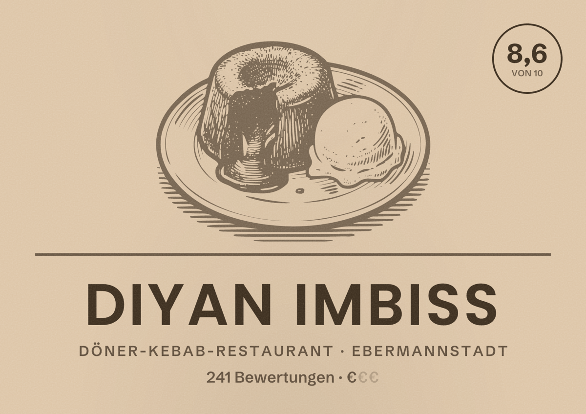 Illustriertes Poster von Diyan Imbiss, Döner-Kebab-Restaurant in Ebermannstadt: Bewertung 8,6 von 10 aus 241 Bewertungen, Preisniveau €