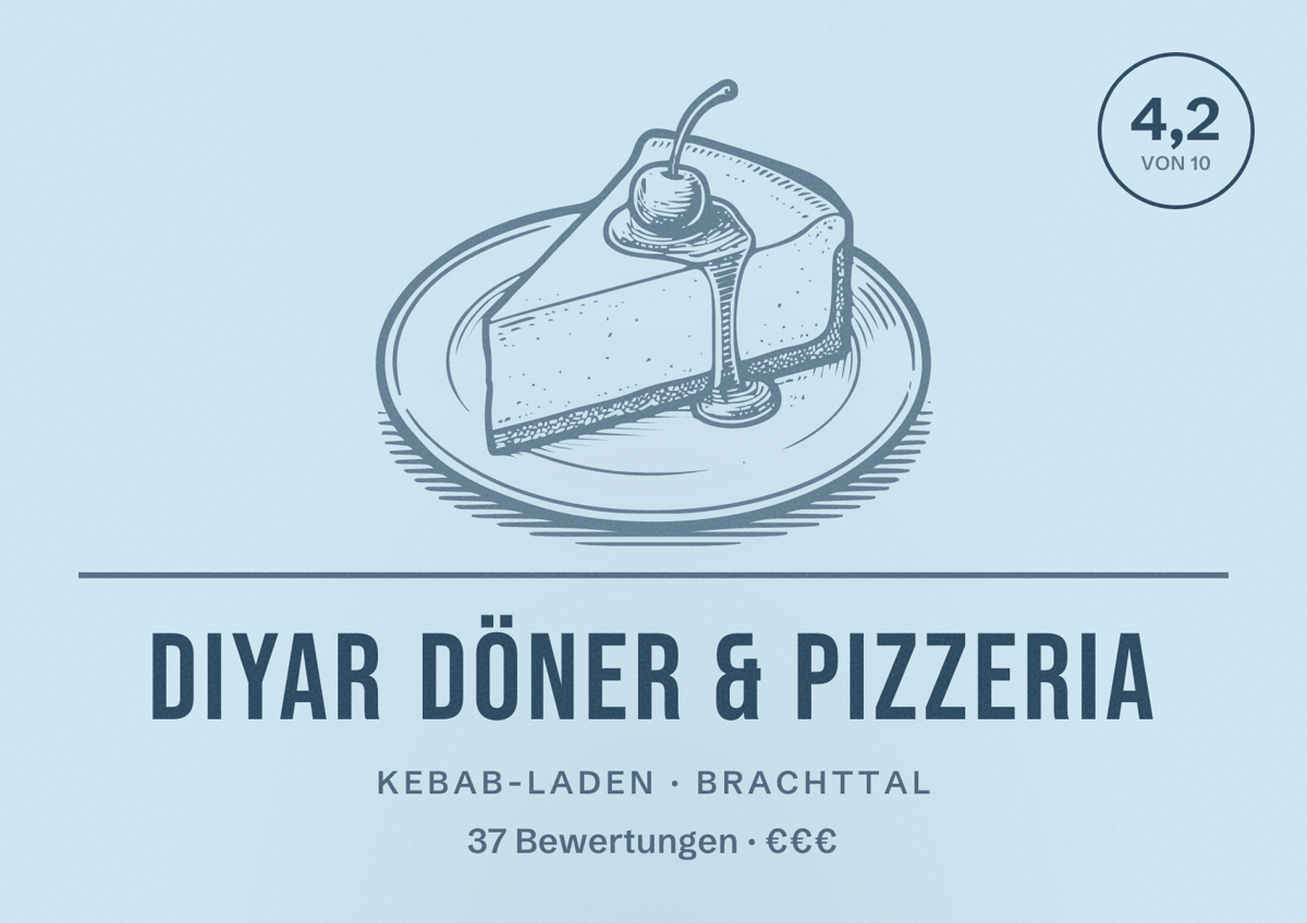 Illustriertes Poster von DIYAR DÖNER & PIZZERIA, Kebab-Laden in Brachttal: Bewertung 4,2 von 10 aus 37 Bewertungen, Preisniveau €€€