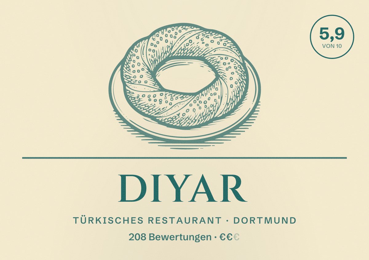 Illustriertes Poster von Diyar, Türkisches Restaurant in Dortmund: Bewertung 5,9 von 10 aus 208 Bewertungen, Preisniveau €€