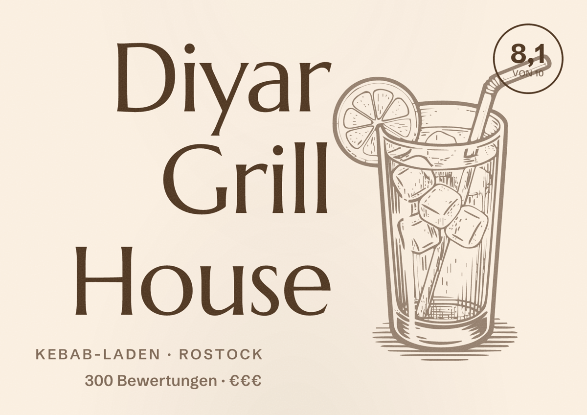 Illustriertes Poster von Diyar Grill House, Kebab-Laden in Rostock: Bewertung 8,1 von 10 aus 300 Bewertungen, Preisniveau €€€