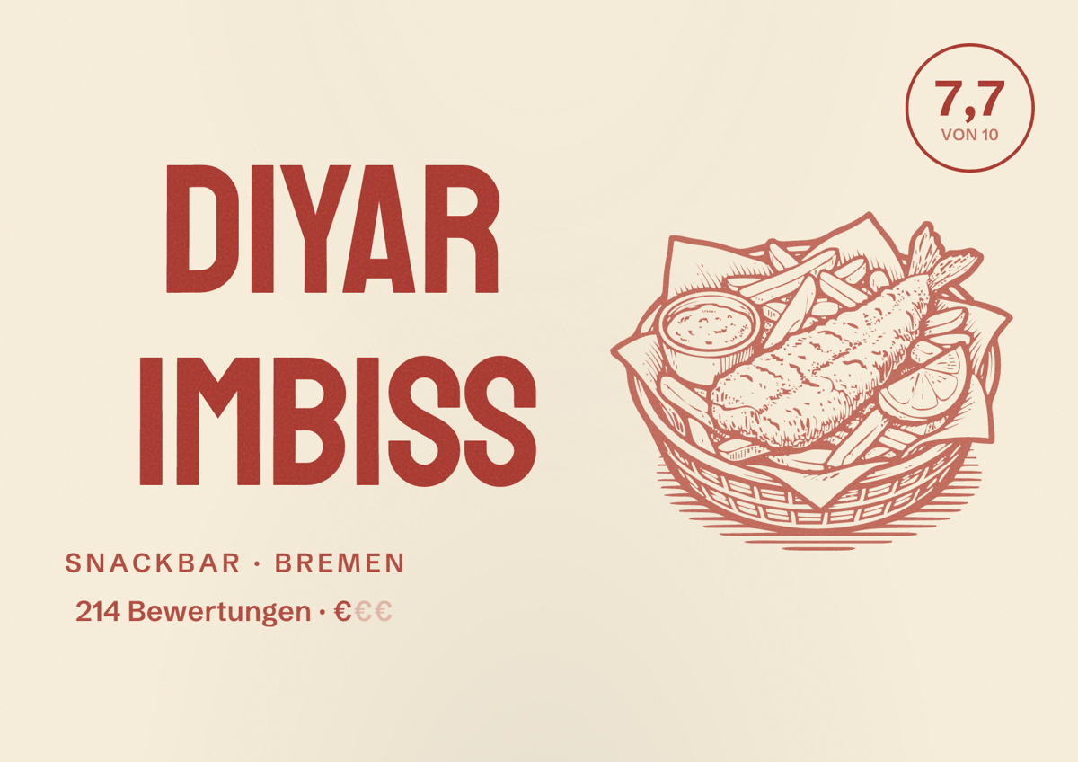 Illustriertes Poster von Diyar imbiss, Snackbar in Bremen: Bewertung 7,7 von 10 aus 214 Bewertungen, Preisniveau €
