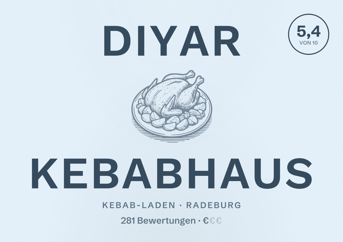 Illustriertes Poster von Diyar Kebabhaus, Kebab-Laden in Radeburg: Bewertung 5,4 von 10 aus 281 Bewertungen, Preisniveau €