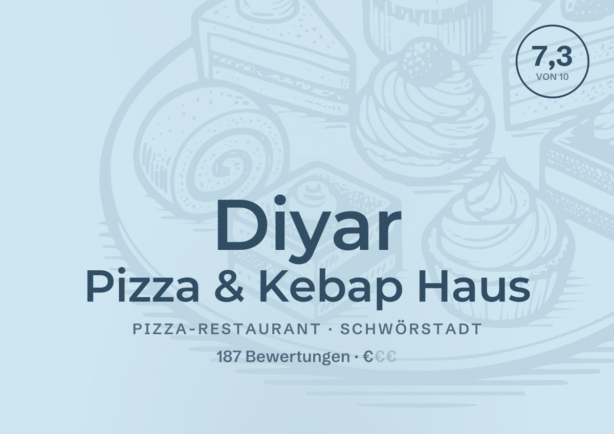 Illustriertes Poster von Diyar Pizza & Kebap Haus, Pizza-Restaurant in Schwörstadt: Bewertung 7,3 von 10 aus 187 Bewertungen, Preisniveau €