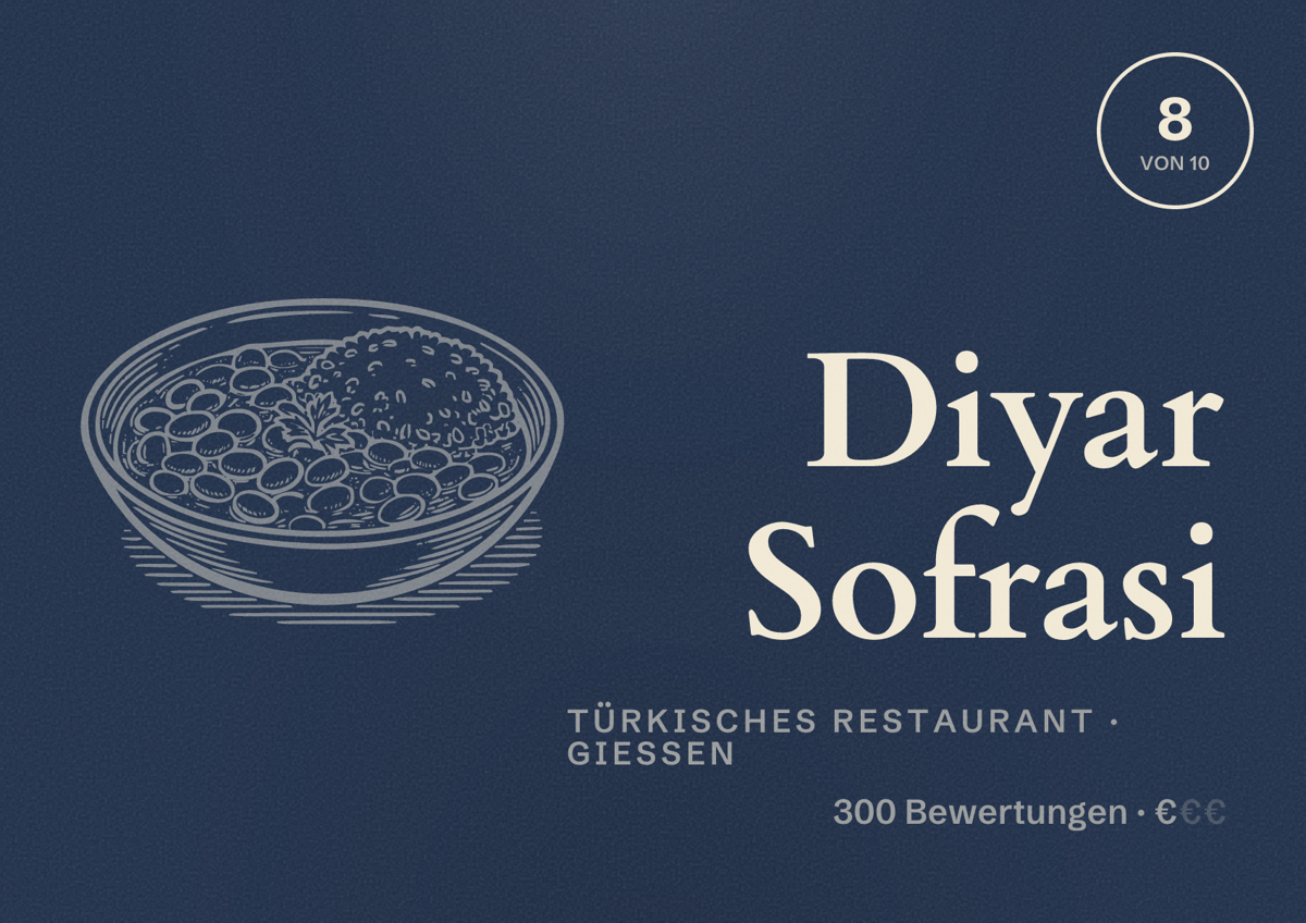 Illustriertes Poster von Diyar Sofrasi, Türkisches Restaurant in Gießen: Bewertung 8 von 10 aus 300 Bewertungen, Preisniveau €