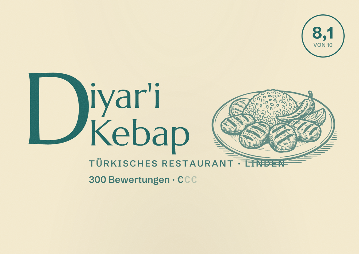 Illustriertes Poster von Diyar'i Kebap, Türkisches Restaurant in Linden: Bewertung 8,1 von 10 aus 300 Bewertungen, Preisniveau €