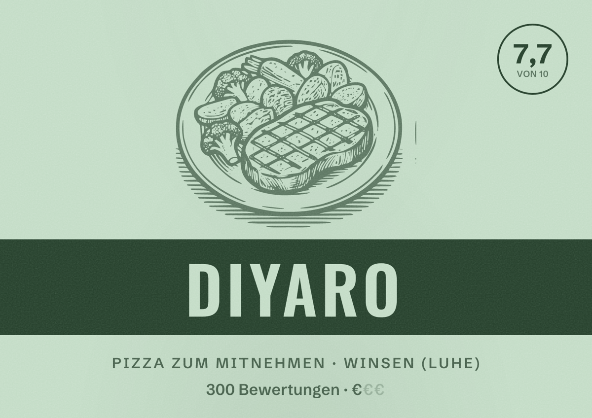 Illustriertes Poster von Diyaro, Pizza zum Mitnehmen in Winsen (Luhe): Bewertung 7,7 von 10 aus 300 Bewertungen, Preisniveau €