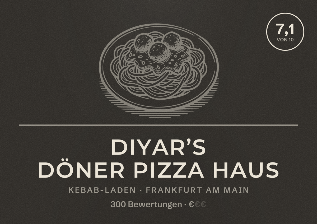 Illustriertes Poster von Diyar’s Döner Pizza Haus, Kebab-Laden in Frankfurt am Main: Bewertung 7,1 von 10 aus 300 Bewertungen, Preisniveau €