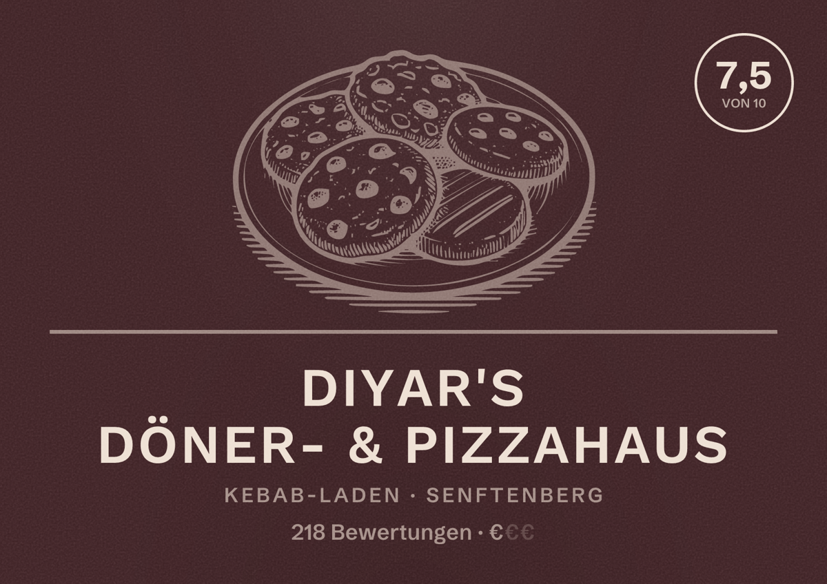 Illustriertes Poster von Diyar's Döner- & Pizzahaus, Kebab-Laden in Senftenberg: Bewertung 7,5 von 10 aus 218 Bewertungen, Preisniveau €
