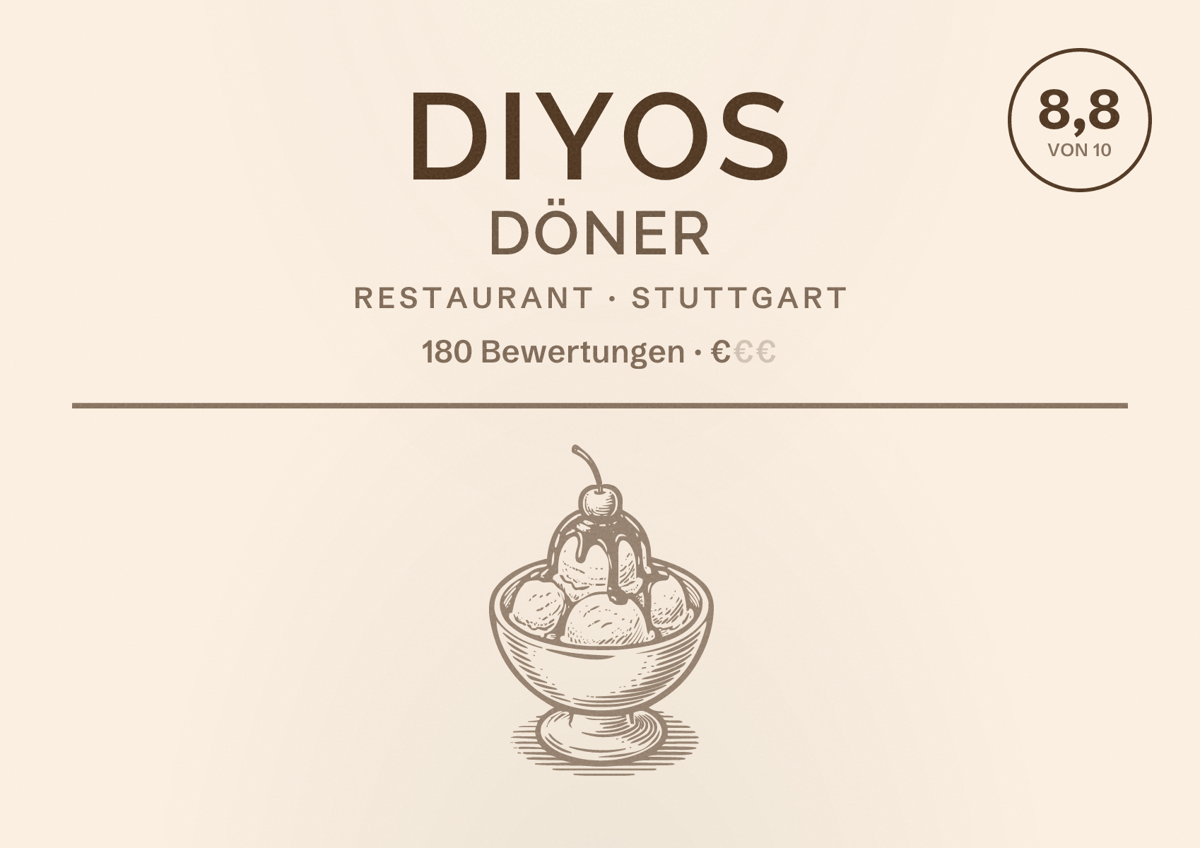 Illustriertes Poster von Diyos Döner, Restaurant in Stuttgart: Bewertung 8,8 von 10 aus 180 Bewertungen, Preisniveau €