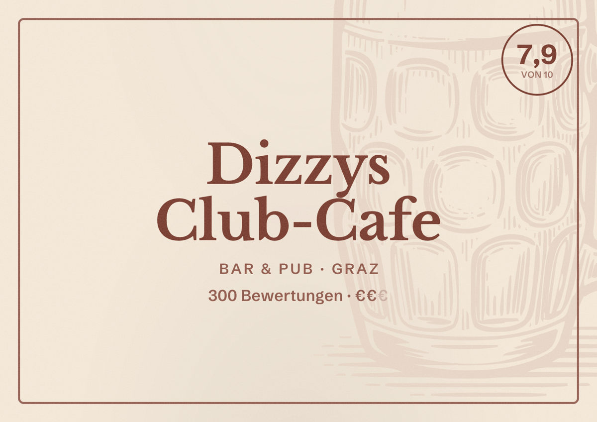 Illustriertes Poster von Dizzys Club-Cafe, Bar & Pub in Graz: Bewertung 7,9 von 10 aus 300 Bewertungen, Preisniveau €€