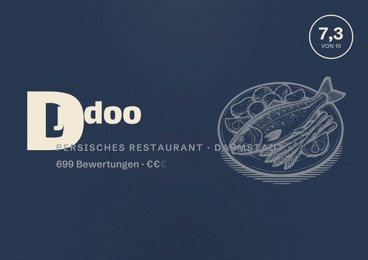 Illustriertes Poster von Djadoo, Persisches Restaurant in Darmstadt: Bewertung 7,3 von 10 aus 699 Bewertungen, Preisniveau €€
