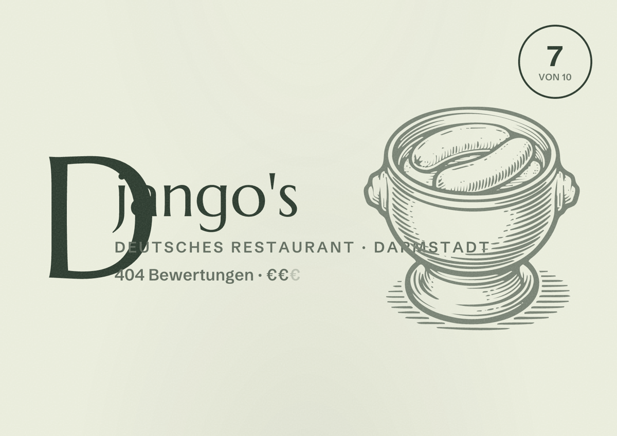 Illustriertes Poster von Django's, Deutsches Restaurant in Darmstadt: Bewertung 7 von 10 aus 404 Bewertungen, Preisniveau €€