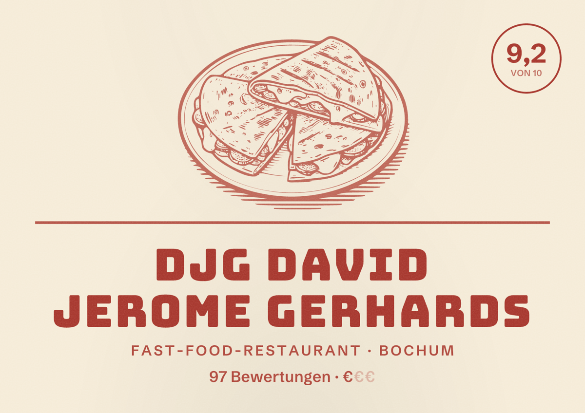 Illustriertes Poster von DJG David Jerome Gerhards, Fast-Food-Restaurant in Bochum: Bewertung 9,2 von 10 aus 97 Bewertungen, Preisniveau €