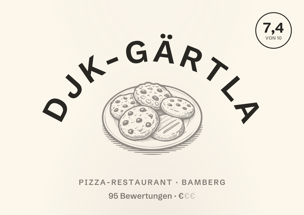 Illustriertes Poster von DJK-Gärtla, Pizza-Restaurant in Bamberg: Bewertung 7,4 von 10 aus 95 Bewertungen, Preisniveau €