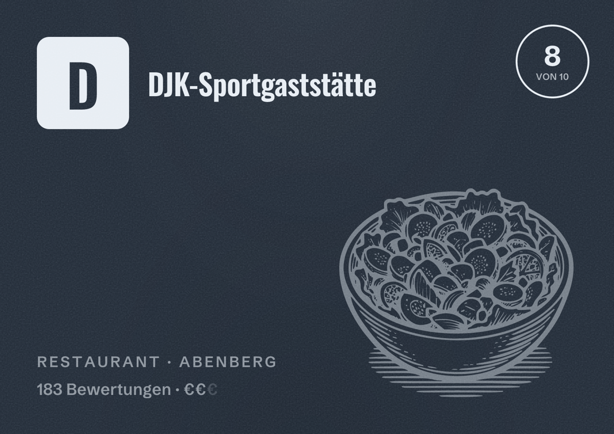 Illustriertes Poster von DJK-Sportgaststätte, Restaurant in Abenberg: Bewertung 8 von 10 aus 183 Bewertungen, Preisniveau €€