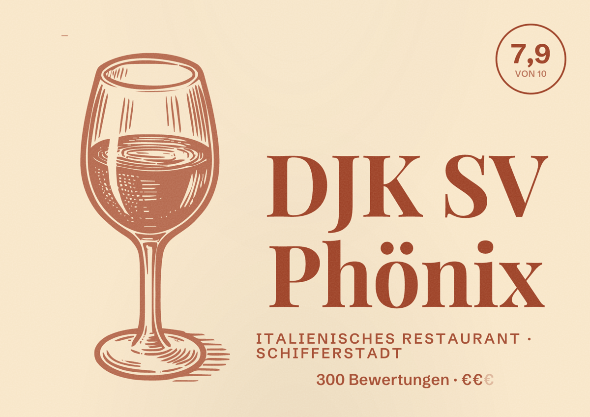 Illustriertes Poster von DJK SV Phönix, Italienisches Restaurant in Schifferstadt: Bewertung 7,9 von 10 aus 300 Bewertungen, Preisniveau €€