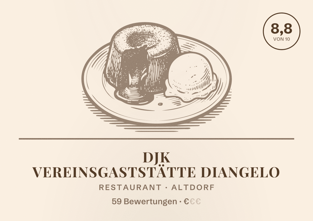 Illustriertes Poster von DJK Vereinsgaststätte Diangelo, Restaurant in Altdorf: Bewertung 8,8 von 10 aus 59 Bewertungen, Preisniveau €
