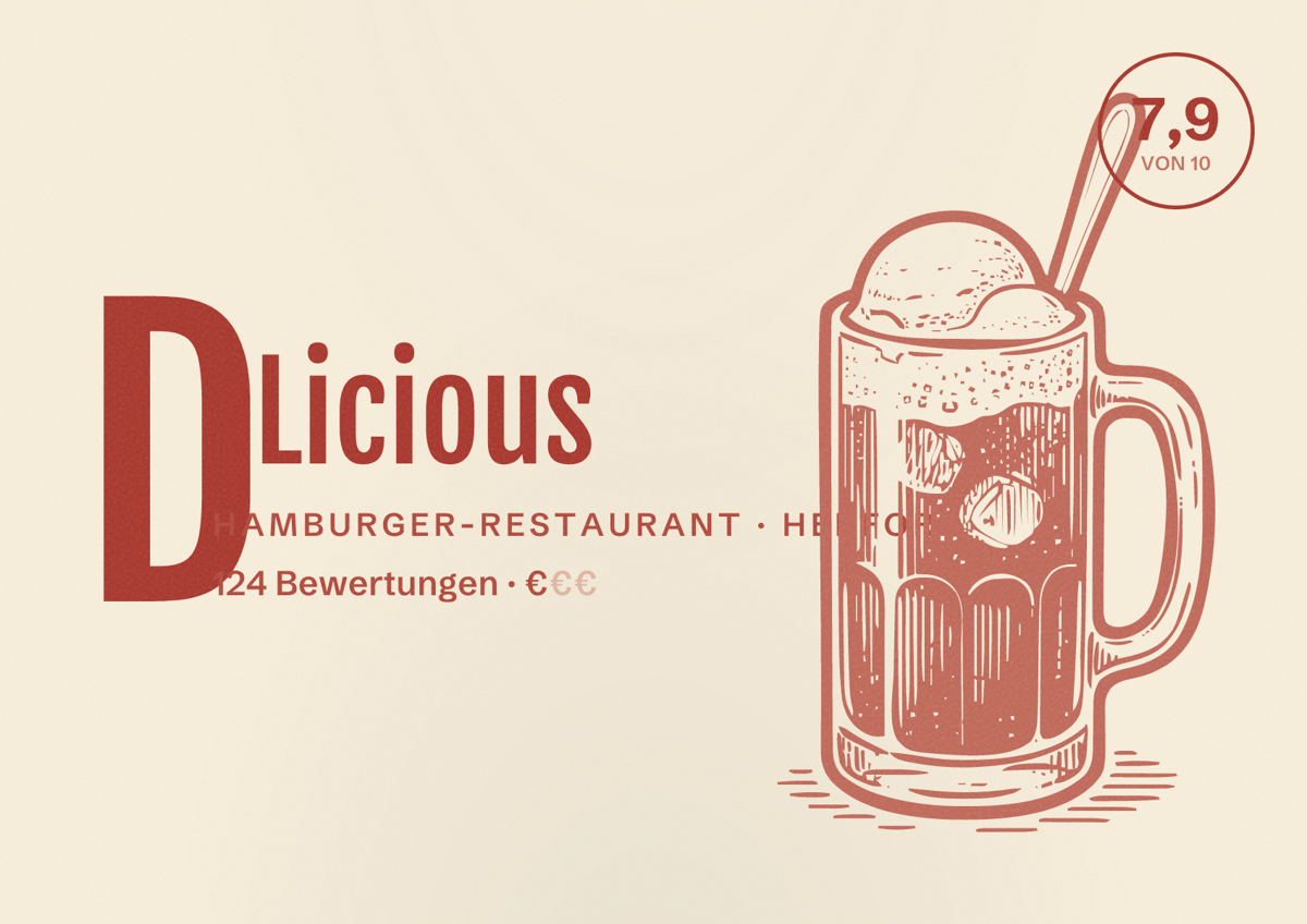 Illustriertes Poster von D'Licious, Hamburger-Restaurant in Herford: Bewertung 7,9 von 10 aus 124 Bewertungen, Preisniveau €