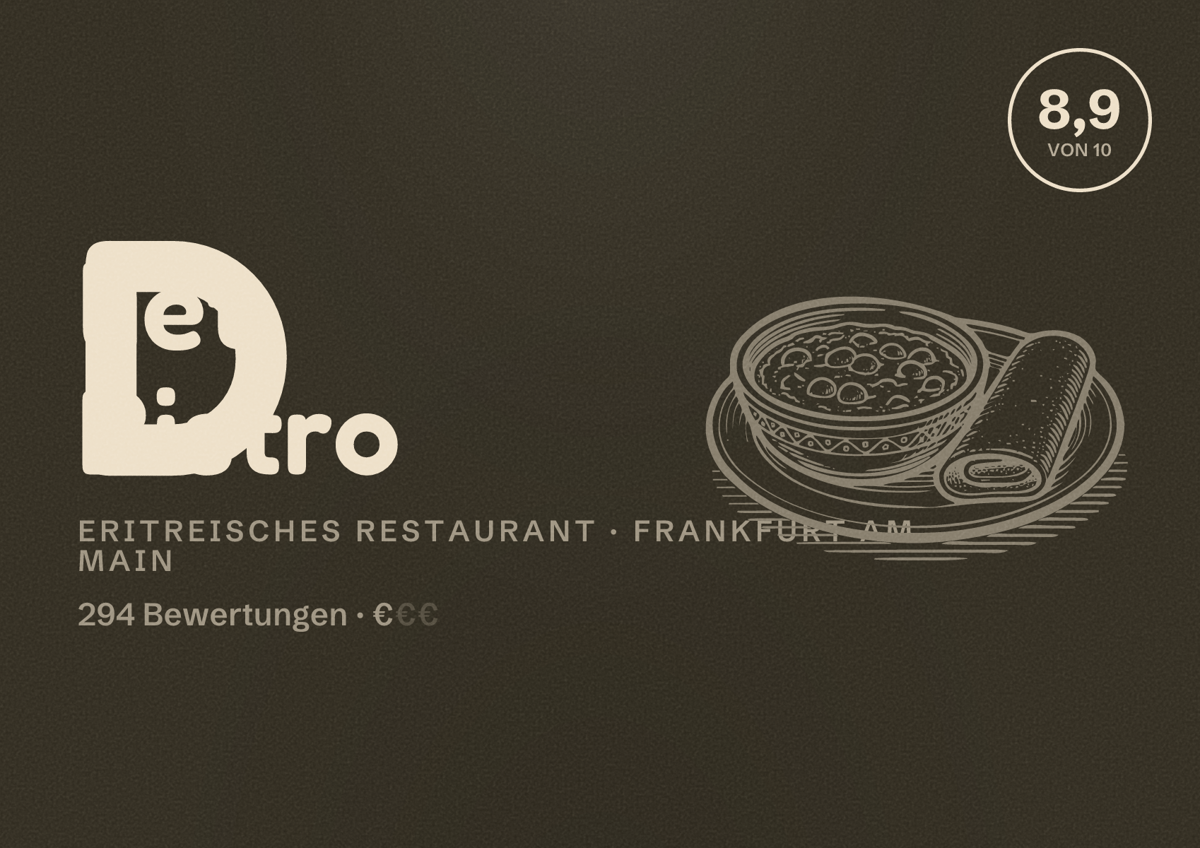 Illustriertes Poster von Dliet Bistro, Eritreisches Restaurant in Frankfurt am Main: Bewertung 8,9 von 10 aus 294 Bewertungen, Preisniveau €
