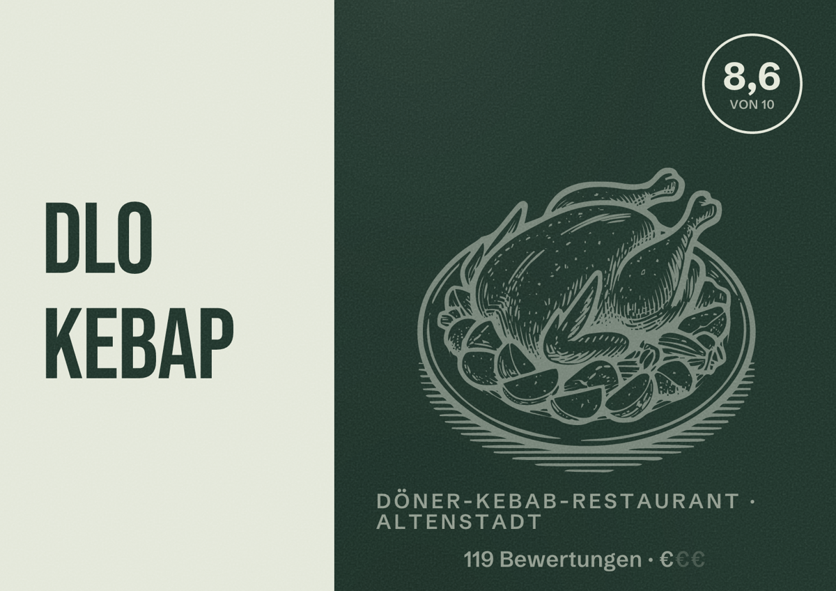 Illustriertes Poster von Dlo Kebap, Döner-Kebab-Restaurant in Altenstadt: Bewertung 8,6 von 10 aus 119 Bewertungen, Preisniveau €