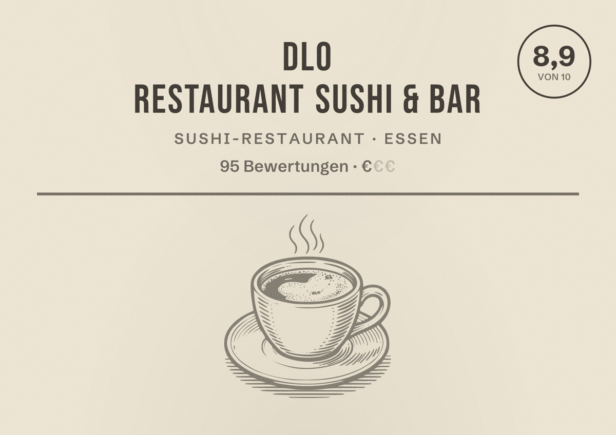 Illustriertes Poster von DLO Restaurant Sushi & Bar, Sushi-Restaurant in Essen: Bewertung 8,9 von 10 aus 95 Bewertungen, Preisniveau €