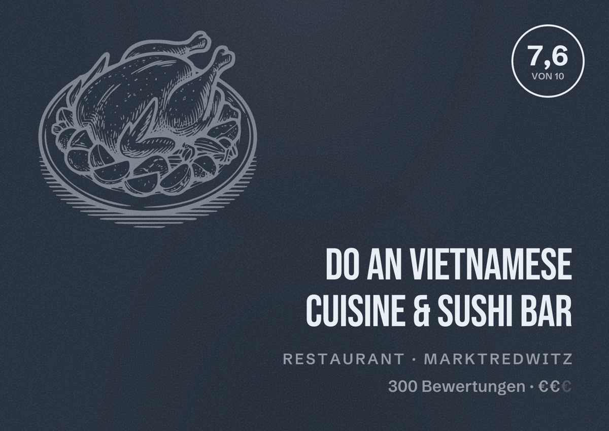 Illustriertes Poster von Do An Vietnamese Cuisine & Sushi Bar, Restaurant in Marktredwitz: Bewertung 7,6 von 10 aus 300 Bewertungen, Preisniveau €€