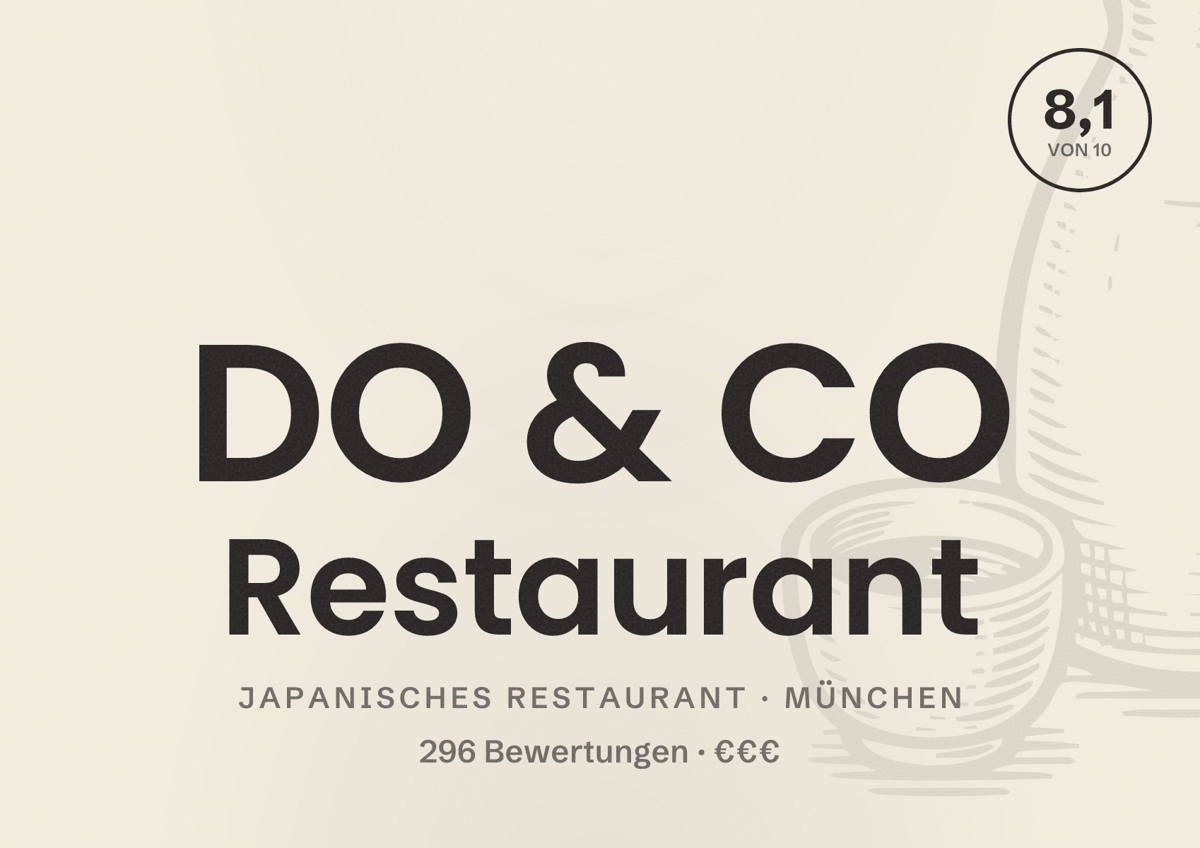 Illustriertes Poster von DO & CO Restaurant, Japanisches Restaurant in München: Bewertung 8,1 von 10 aus 296 Bewertungen, Preisniveau €€€