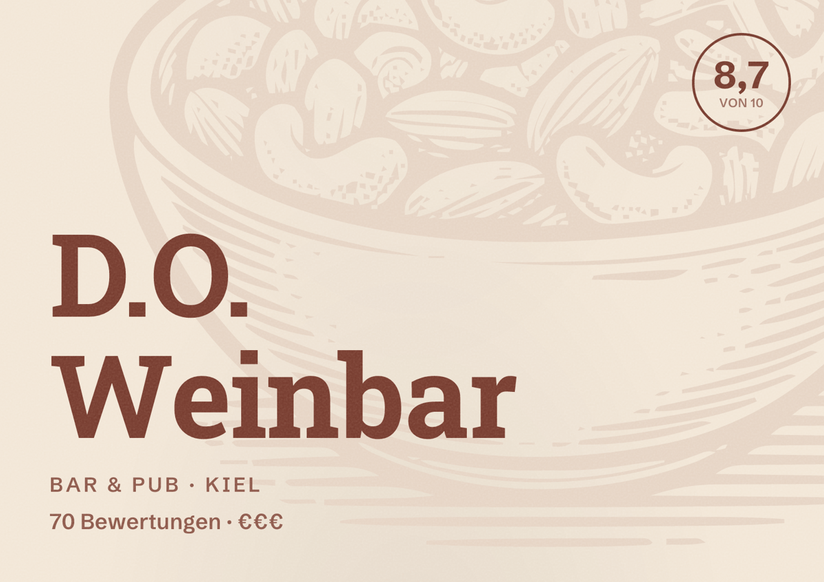 Illustriertes Poster von D.O. Weinbar, Bar & Pub in Kiel: Bewertung 8,7 von 10 aus 70 Bewertungen, Preisniveau €€€