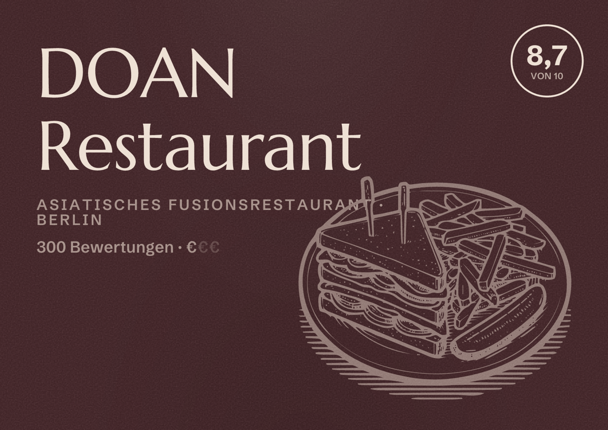 Illustriertes Poster von DOAN Restaurant, Asiatisches Fusionsrestaurant in Berlin: Bewertung 8,7 von 10 aus 300 Bewertungen, Preisniveau €