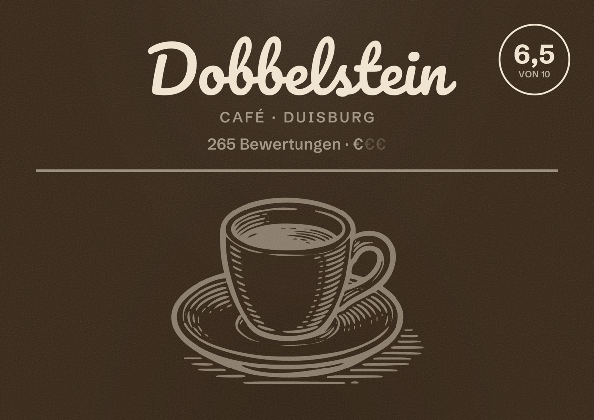Illustriertes Poster von Dobbelstein, Café in Duisburg: Bewertung 6,5 von 10 aus 265 Bewertungen, Preisniveau €