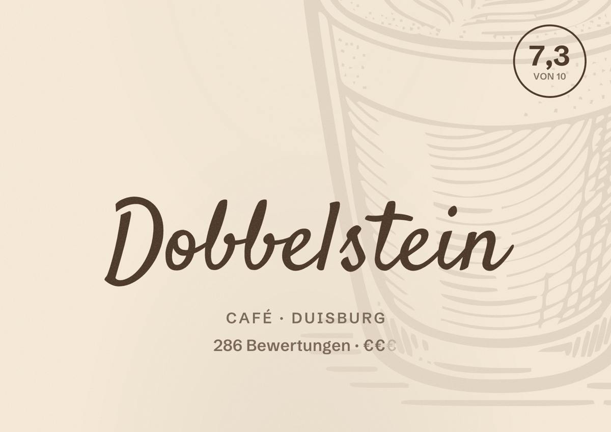 Illustriertes Poster von Dobbelstein, Café in Duisburg: Bewertung 7,3 von 10 aus 286 Bewertungen, Preisniveau €€