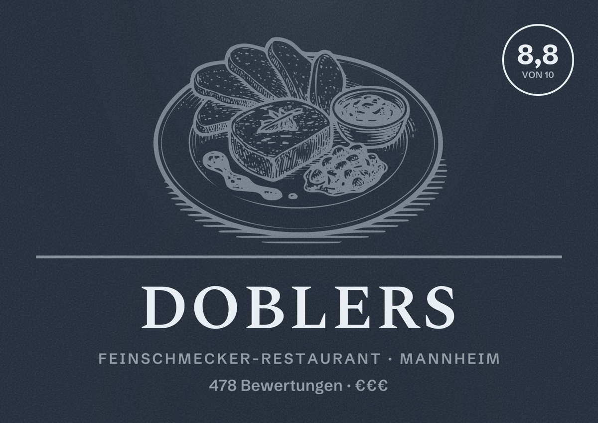 Illustriertes Poster von Doblers, Feinschmecker-Restaurant in Mannheim: Bewertung 8,8 von 10 aus 478 Bewertungen, Preisniveau €€€