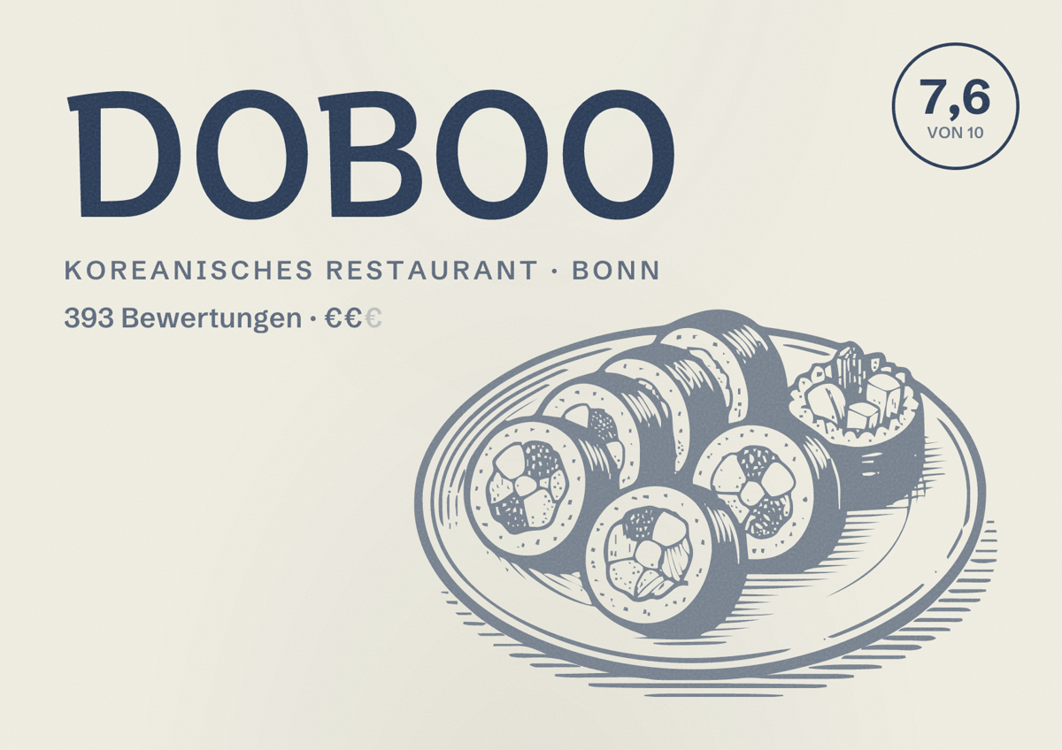 Illustriertes Poster von DOBOO, Koreanisches Restaurant in Bonn: Bewertung 7,6 von 10 aus 393 Bewertungen, Preisniveau €€