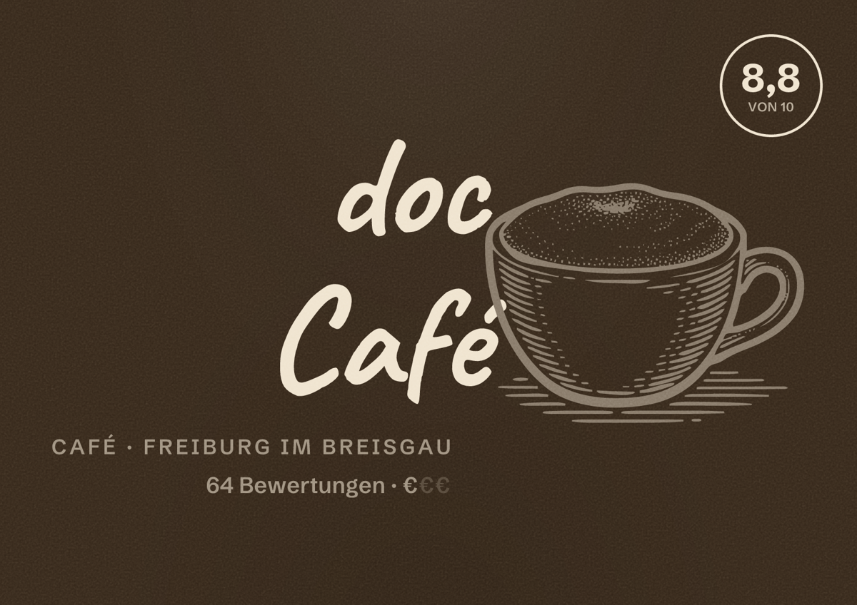 Illustriertes Poster von doc Café, Café in Freiburg im Breisgau: Bewertung 8,8 von 10 aus 64 Bewertungen, Preisniveau €