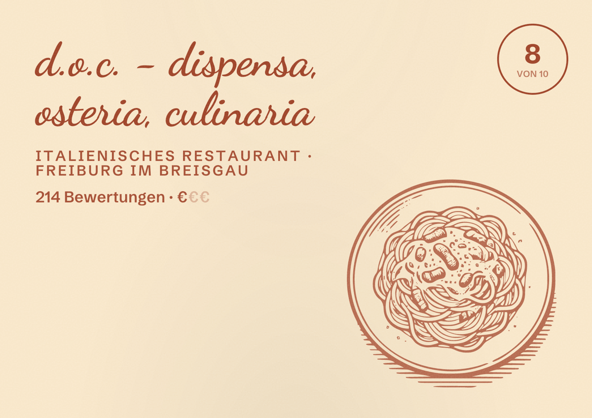 Illustriertes Poster von d.o.c. - dispensa, osteria, culinaria, Italienisches Restaurant in Freiburg im Breisgau: Bewertung 8,0 von 10 aus 214 Bewertungen, Preisniveau €