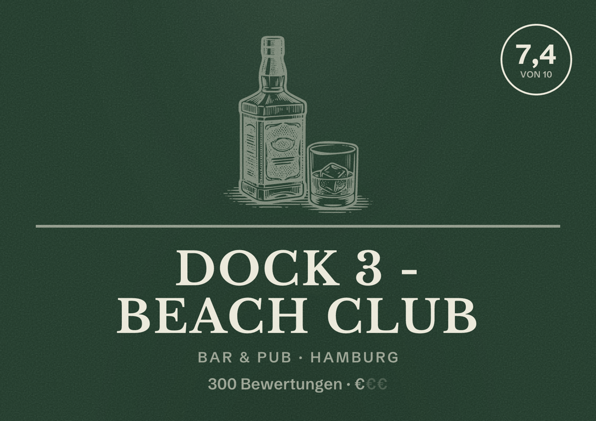Illustriertes Poster von Dock 3 - Beach Club, Bar & Pub in Hamburg: Bewertung 7,4 von 10 aus 300 Bewertungen, Preisniveau €
