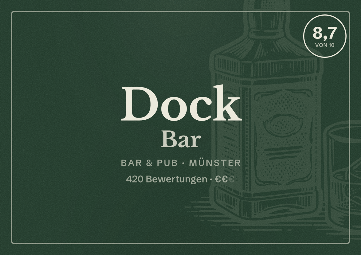 Illustriertes Poster von Dock Bar, Bar & Pub in Münster: Bewertung 8,7 von 10 aus 420 Bewertungen, Preisniveau €€