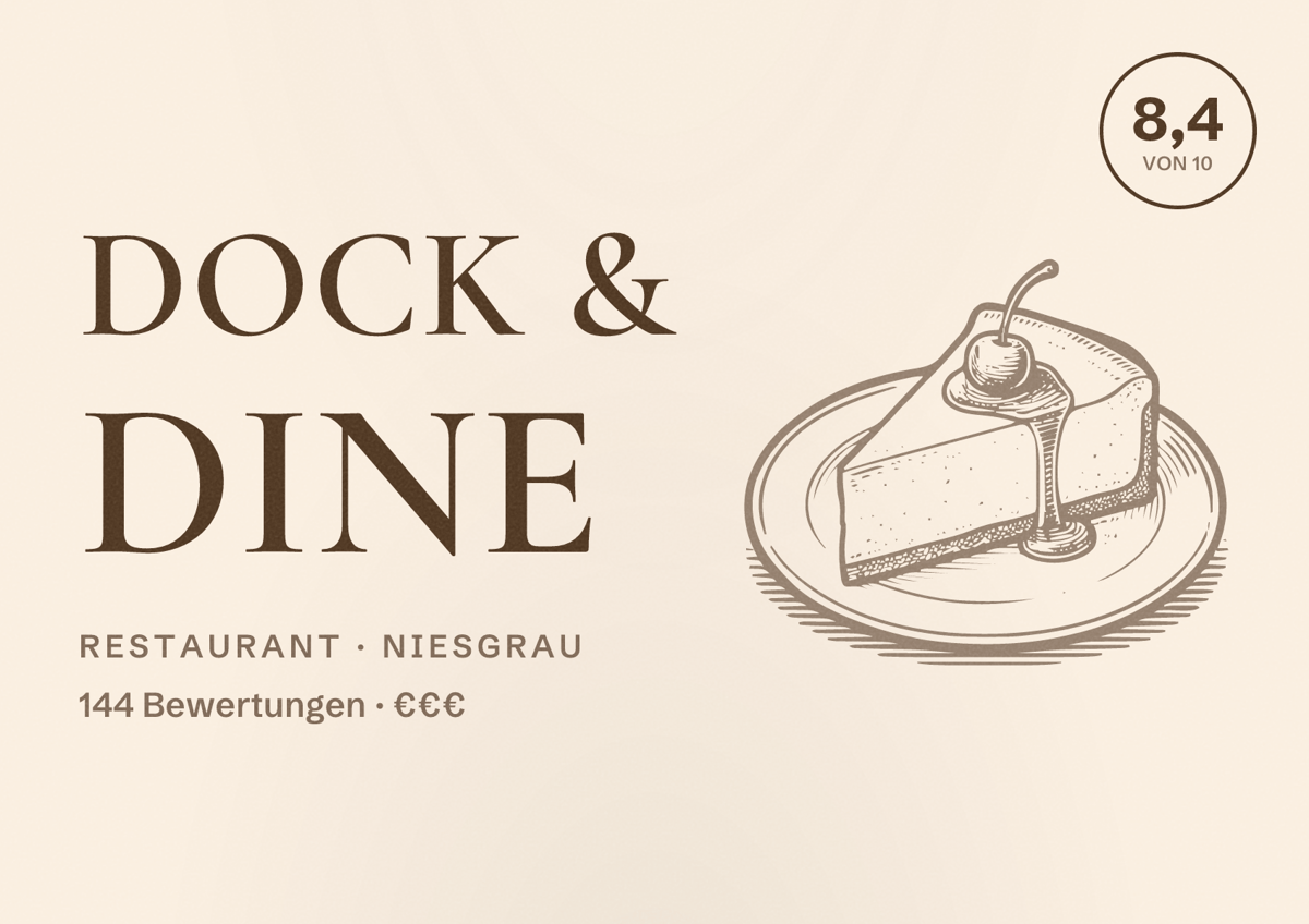 Illustriertes Poster von DOCK & DINE, Restaurant in Niesgrau: Bewertung 8,4 von 10 aus 144 Bewertungen, Preisniveau €€€