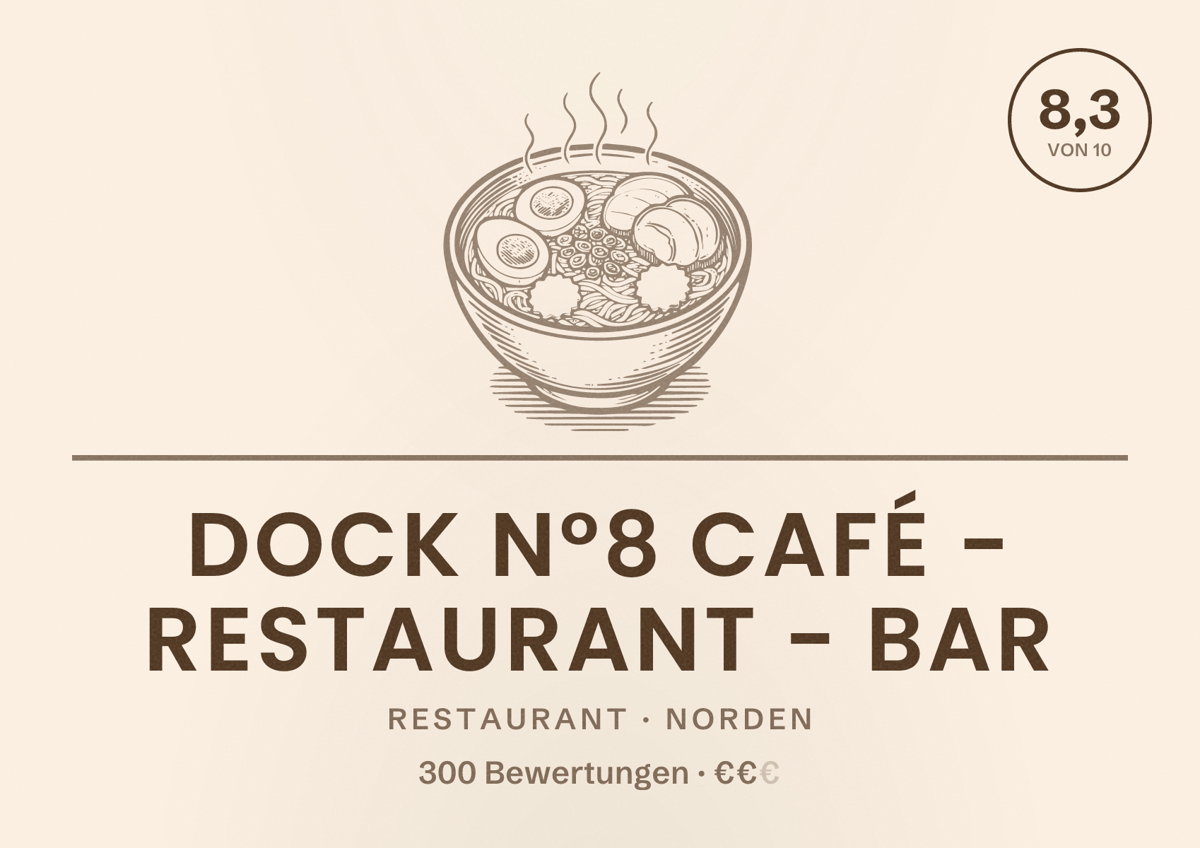 Illustriertes Poster von DOCK N°8 Café - Restaurant - Bar, Restaurant in Norden: Bewertung 8,3 von 10 aus 300 Bewertungen, Preisniveau €€