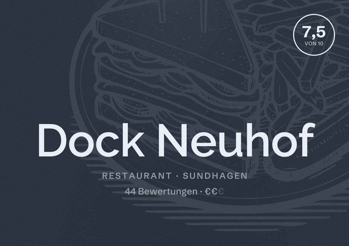 Illustriertes Poster von Dock Neuhof, Restaurant in Sundhagen: Bewertung 7,5 von 10 aus 44 Bewertungen, Preisniveau €€