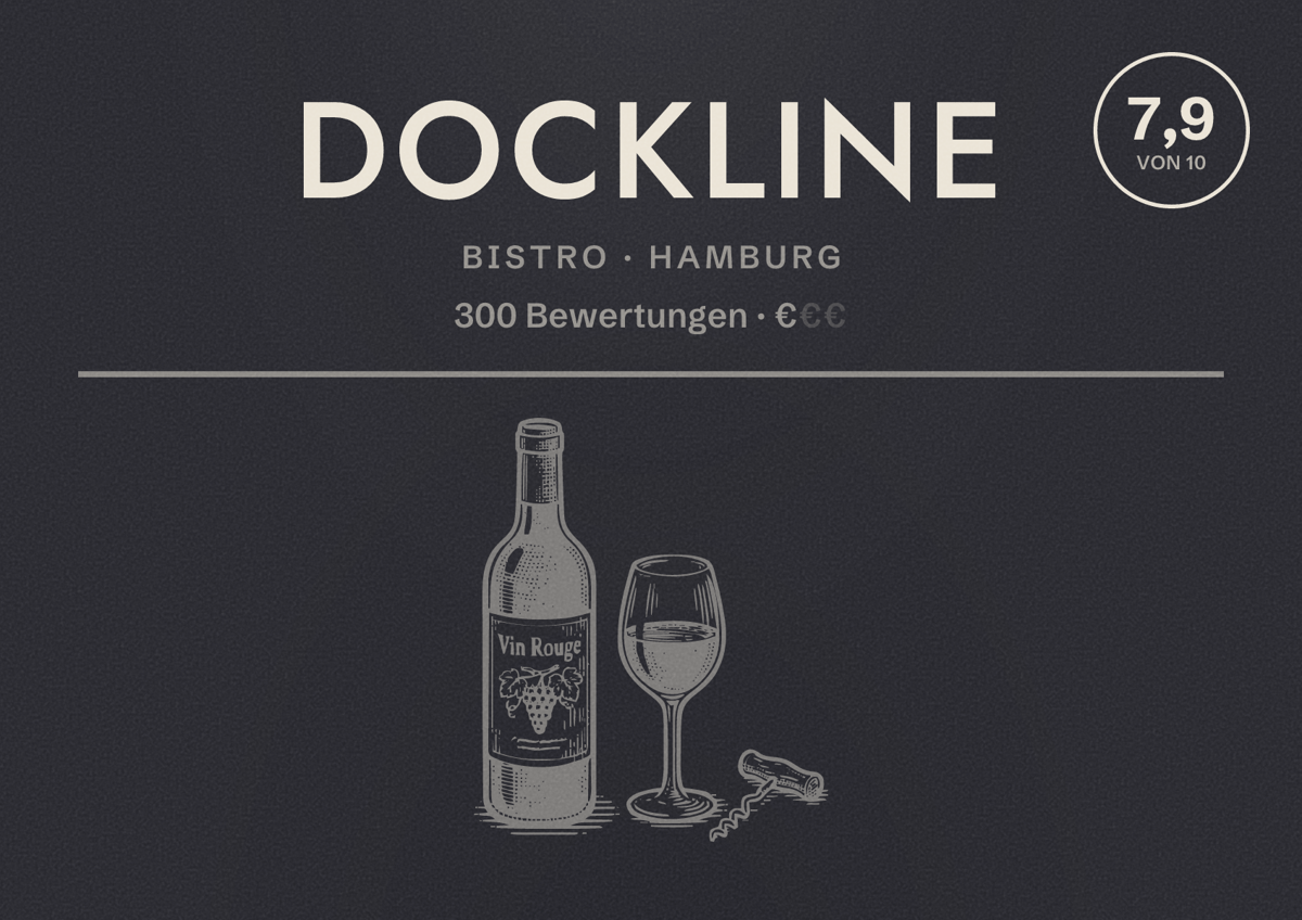 Illustriertes Poster von Dockline, Bistro in Hamburg: Bewertung 7,9 von 10 aus 300 Bewertungen, Preisniveau €