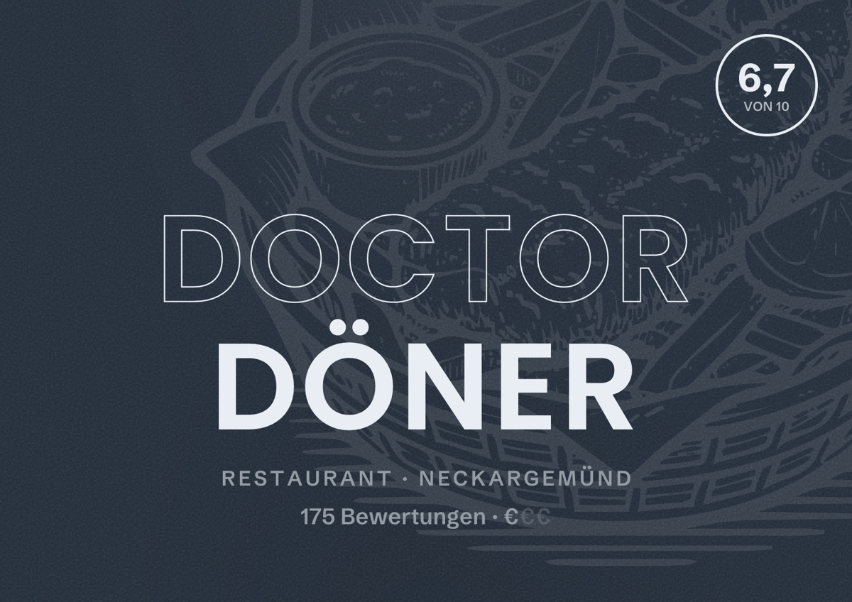 Illustriertes Poster von DocTOR Döner, Restaurant in Neckargemünd: Bewertung 6,7 von 10 aus 175 Bewertungen, Preisniveau €