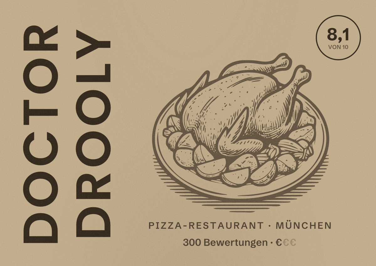 Illustriertes Poster von Doctor Drooly, Pizza-Restaurant in München: Bewertung 8,1 von 10 aus 300 Bewertungen, Preisniveau €